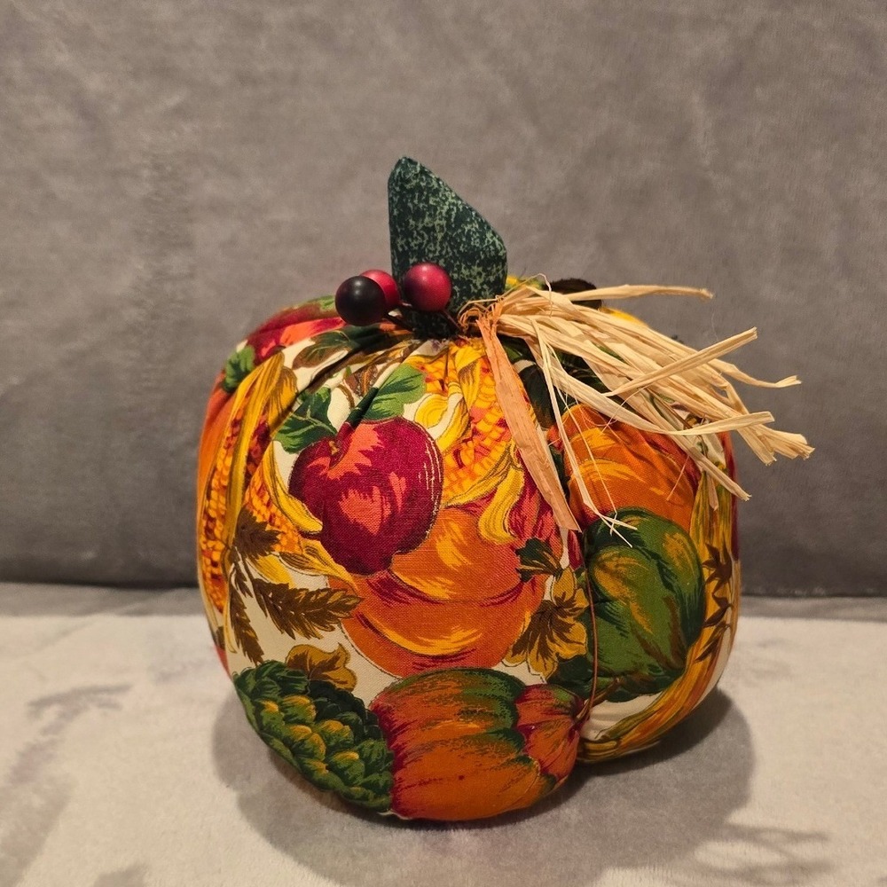 Handmade Fabric Pumpkin Harvest Print Fall Decor Raffia Stem Autumn Accent 6"